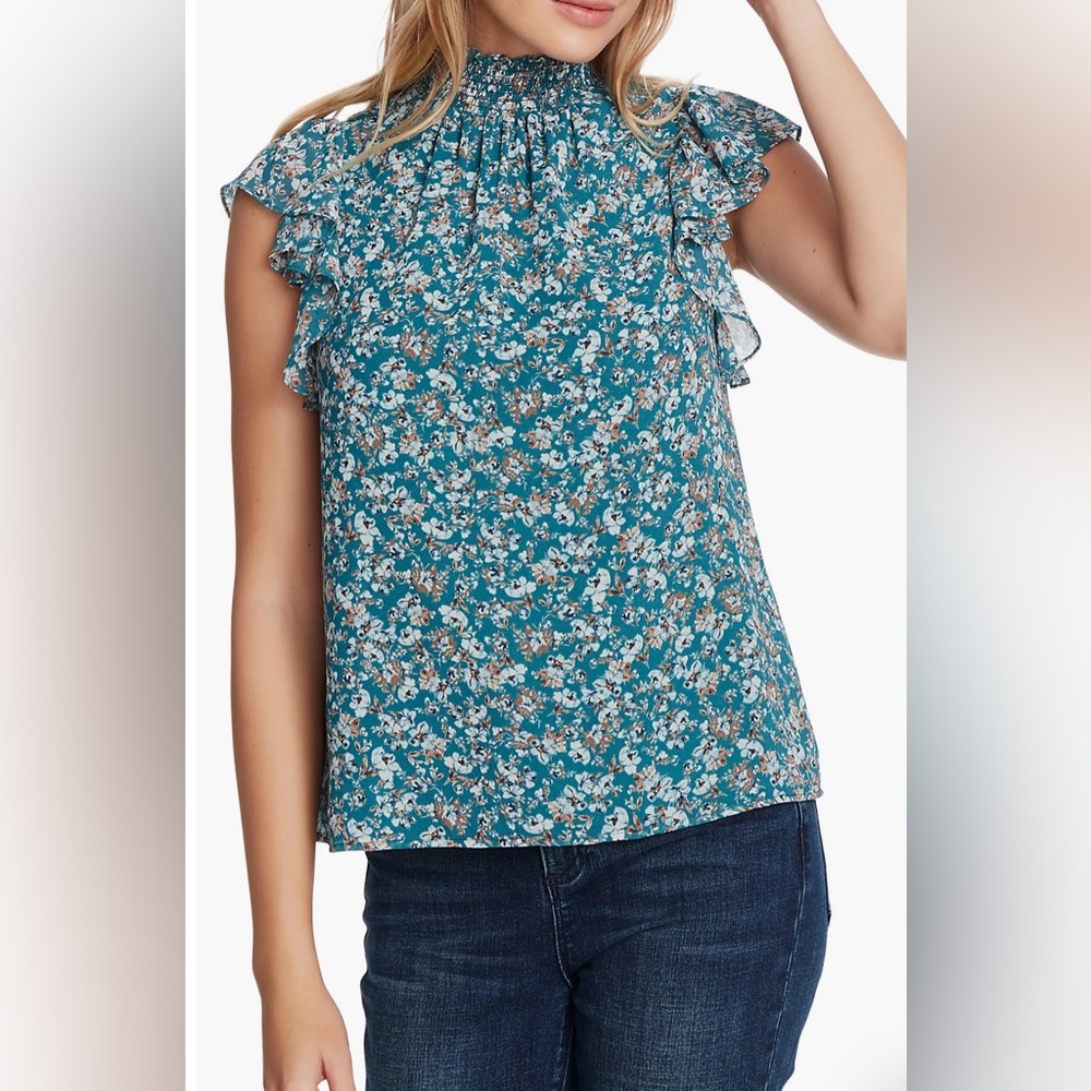 1.State Woodland Floral High Neck Flutter Sleeve Top NWT